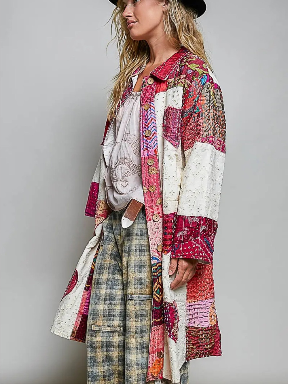 POL Patchwork Longline Trench Coat in Pink & Cream